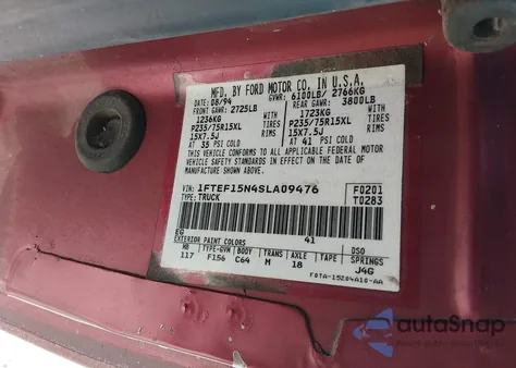 1995 Ford F150 из США, поврежденный, VIN 1FTEF15N4SLA09476